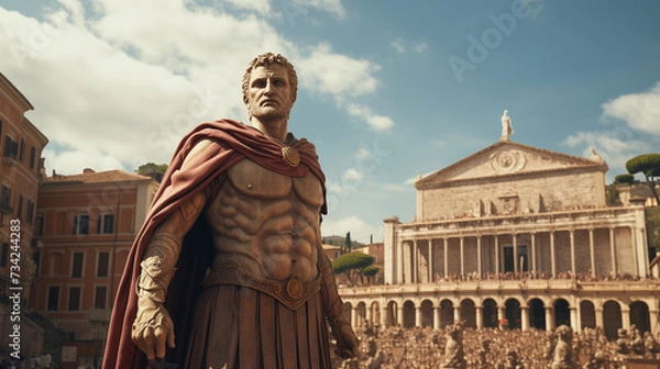 Obraz Julius Caesar statue in ancient Rome, stoned statue on a roman background. Gaius Iulius Caesar