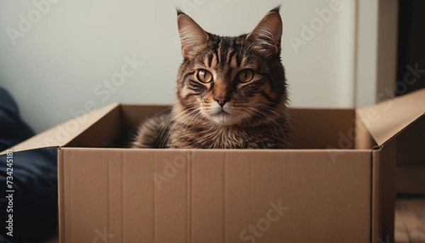Fototapeta Cat resting in cardboard box in a home environment during the day for comfort and security. The cat is attracted to confined spaces and finds shelter and safety in the box
