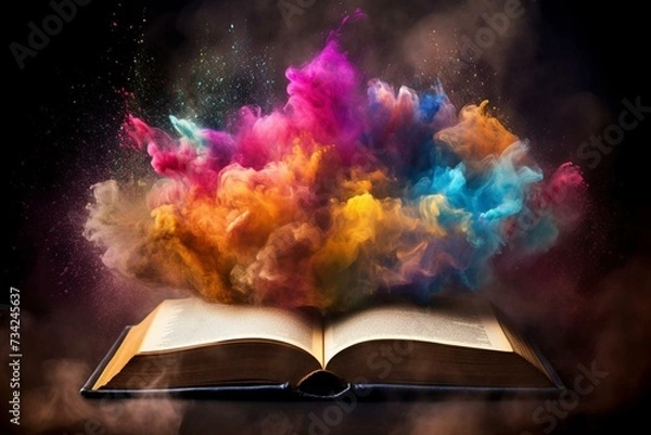 Fototapeta An open book with vibrant dust swirling from its pages. Generative AI