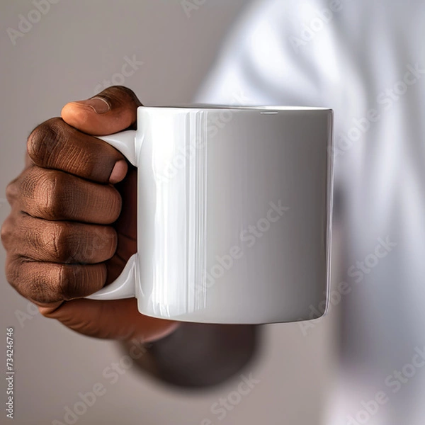 Fototapeta Sleek mockup featuring a high-quality blank white 11oz mug held by an African American man's hand, perfect for showcasing custom designs or branding.