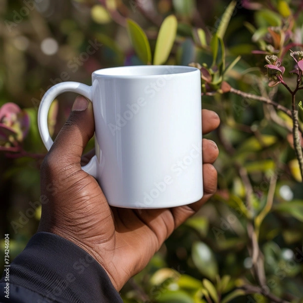 Fototapeta Sleek mockup featuring a high-quality blank white 11oz mug held by an African American man's hand. Ideal for online shops, graphic designers, and marketing materials targeting diverse audiences.