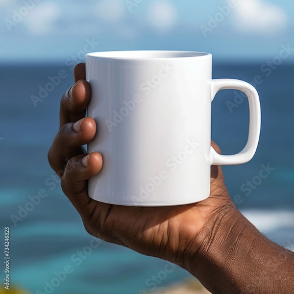 Fototapeta Sleek mockup featuring a high-quality blank white 11oz mug held by an African American man's hand. Ideal for online shops, graphic designers, and marketing materials targeting diverse audiences.