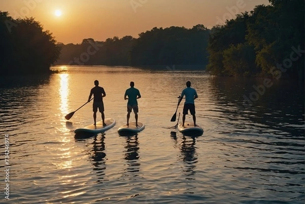 Fototapeta Men, friends sail on a SUP boards in a rays of rising sun