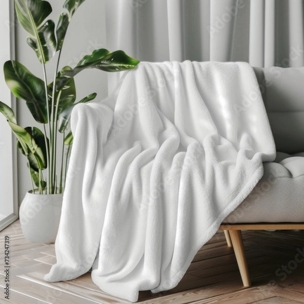 Fototapeta Clean and cozy white fleece blanket mockup, perfect for showcasing custom designs or branding for home decor products.