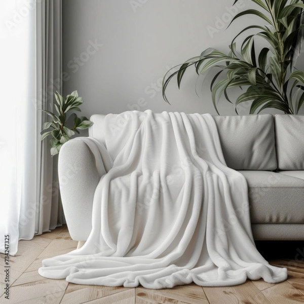 Fototapeta Clean and cozy white fleece blanket mockup. Ideal for online shops, graphic designers, and printing companies looking to display their blanket designs in a professional and appealing manner.