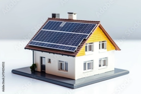 Fototapeta Isolated image of a house with solar panel in hand. Concept for green renewable energy.