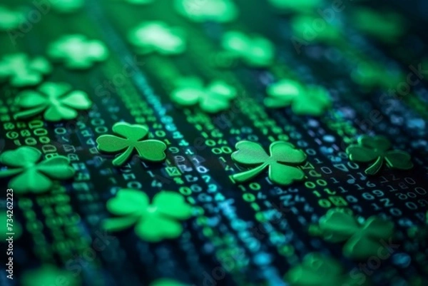 Fototapeta Green shamrocks amidst digital binary code. St. Patricks Day and information technology concept