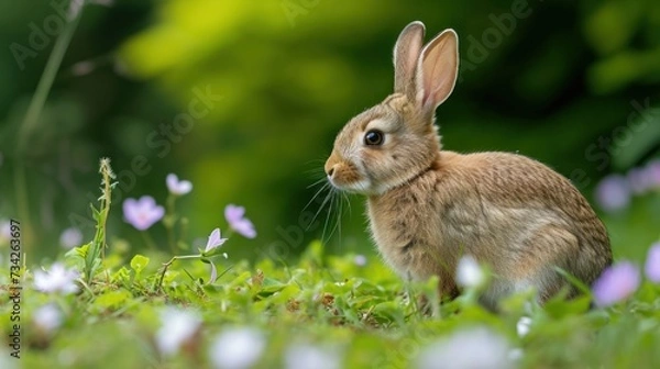 Fototapeta  a rabbit is sitting in a field of green grass and wildflowers, with a blurry background of purple and white flowers.