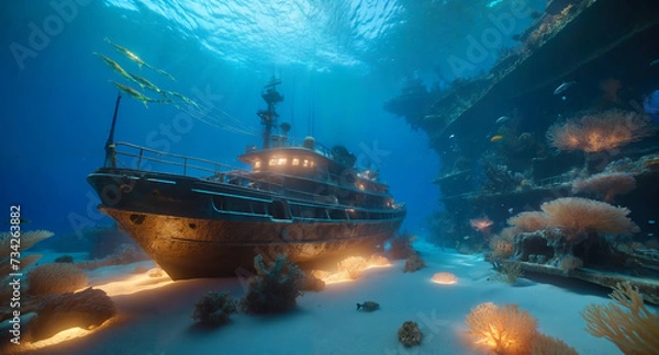 Obraz AI generated underwater scene with very shipwrecks and luminous plants