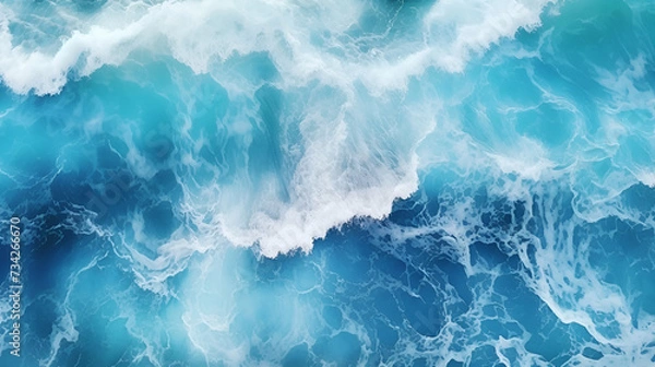 Fototapeta Spectacular aerial top view background photo of ocean sea water white wave splashing in the deep sea. Generated AI