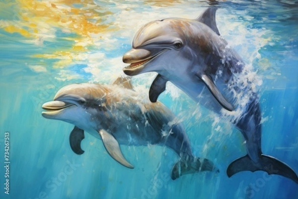 Fototapeta Intelligent Pair loving dolphins. Ocean fun. Generate Ai
