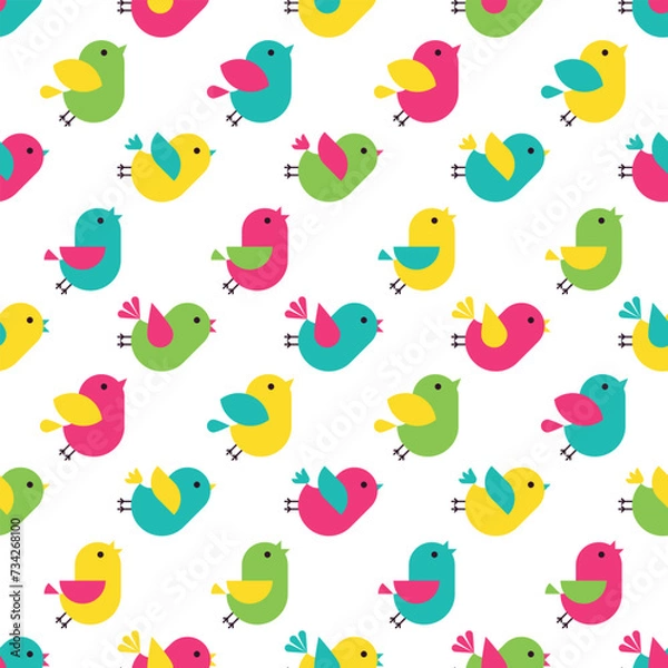 Fototapeta Bright background with colorful little flying and singing birds. Simple childish seamless pattern with funny happy birdies. Texture for wallpaper, textile, fabric, home decor