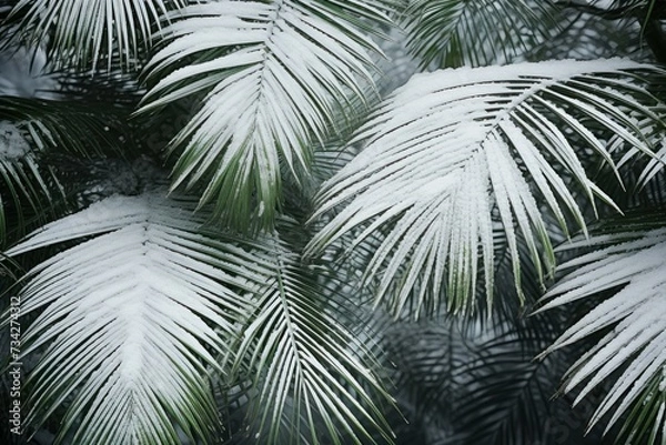 Fototapeta Exotic Palm leaves front snow winter. Leaf plant. Generate Ai