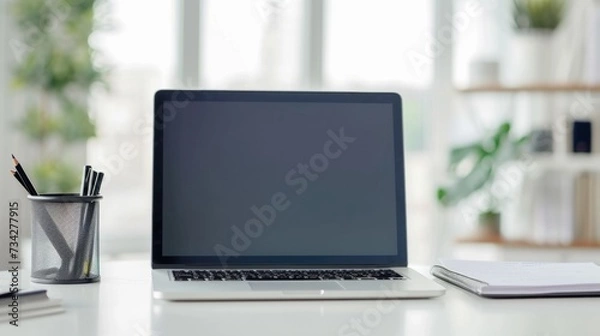 Fototapeta laptop on white table. generative ai