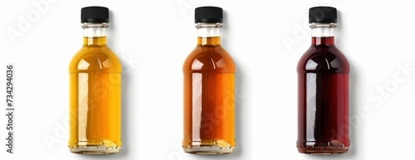Fototapeta Three bottles containing different types of natural fruit and vegetable juices are displayed together.