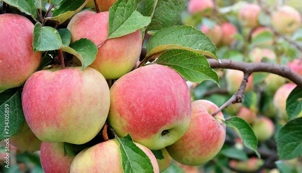 Fototapeta Fresh red apples with leaves. Red apples on a tree.Ripe Apples in the Apple Orchard before Harvesting. Apple orchard. Basket of Apples. Morning shot. Harvest agriculture concept.