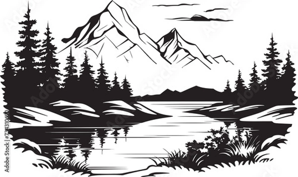 Obraz Ebony Escapade Black Mountain River and Tree Design Dusk Domain Vector Mountain River Scene in Black