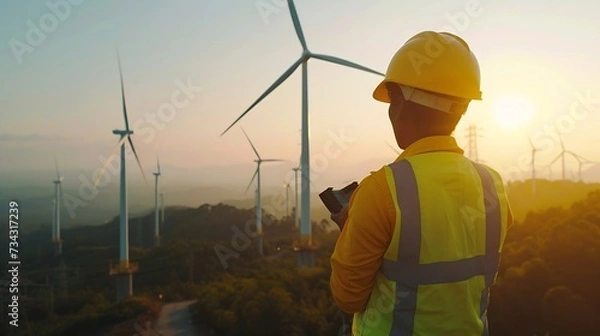Fototapeta Generative AI : Power engineer are working with wind turbines.
