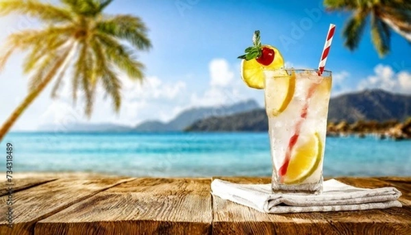 Fototapeta Cold summer drink on wooden table. Free space for your decoration. Ocean landscape with palms and summer sunny day.
