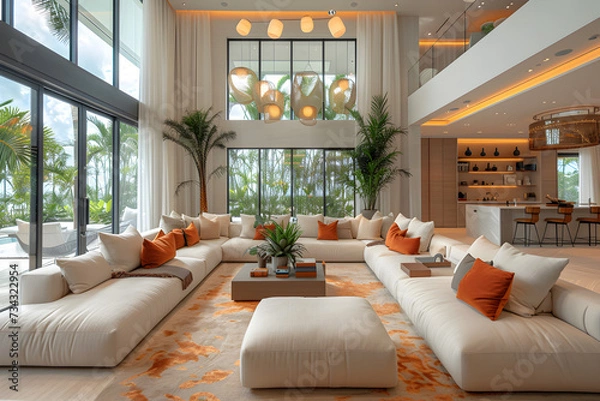 Fototapeta A spacious living room with minimalist interior design. Created with generative AI.