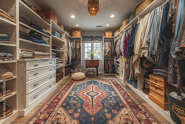 Fototapeta A fashionable wardrobe with organized interior design. Created with generative AI.