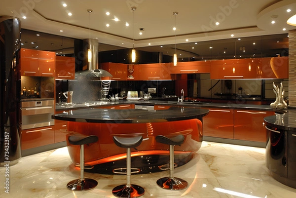 Fototapeta A contemporary kitchen with minimalist interior design. Created with generative AI.