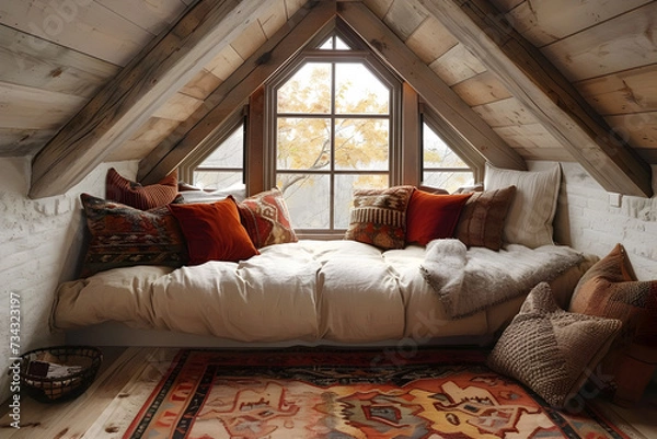 Fototapeta A cozy attic with rustic interior design. Created with generative AI.