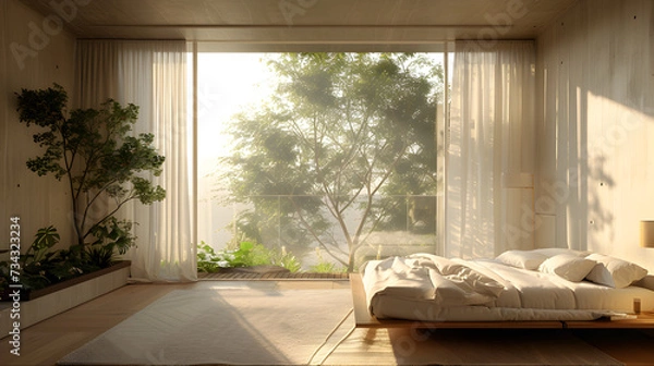 Fototapeta A serene bedroom with calming interior design. Created with generative AI.