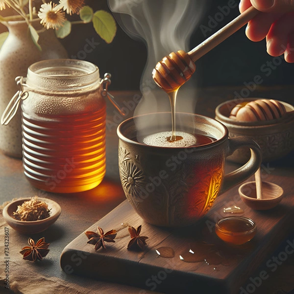 Fototapeta Adding Honey from a Honey Jar