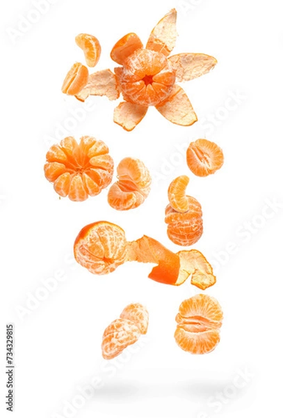 Fototapeta Flying fresh tangerines on white background