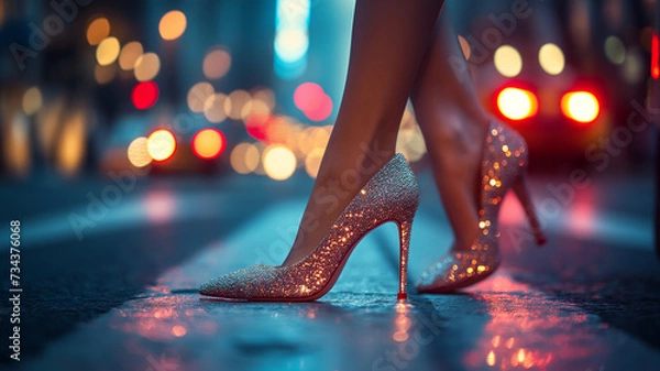 Fototapeta A woman in sparkly shoes walking on a sparkling street where city lights are reflected on the street
