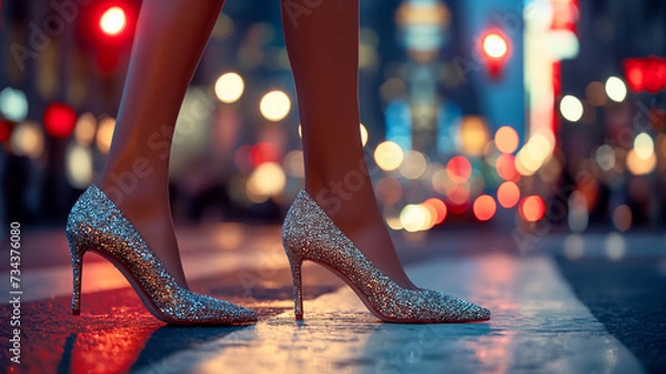 Fototapeta A woman in sparkly shoes walking on a sparkling street where city lights are reflected on the street