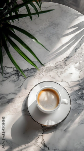 Fototapeta Morning Serenity: A Steaming Cup of Coffee on a Marble Table, Illuminated by Sunlight Filtering Through Lush Greenery.