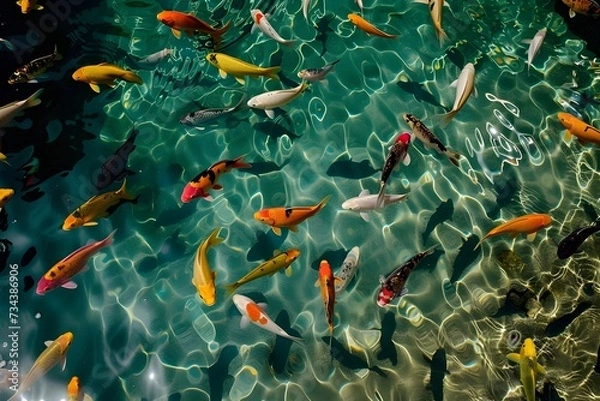 Fototapeta In the crystal-clear water, a collection of stunning ornamental fish captivates with their vibrant beauty
