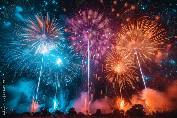 Fototapeta Spectacular fireworks display illuminating the night sky, capturing the excitement of celebrations. Generative Ai.