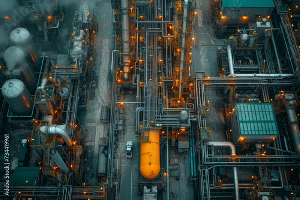 Fototapeta A top-down view of an industrial complex, illustrating the scale and complexity of manufacturing processes. Concept of aerial industrial documentation. Generative Ai.