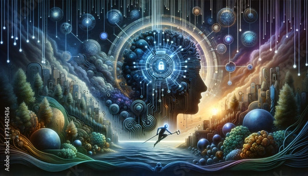 Fototapeta Futuristic Cybersecurity: Organic Brain Shape Merged with Digital Code and Natural Elements