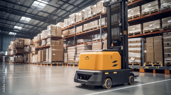 Fototapeta 機械学習と人工知能によって管理された倉庫で保管作業を行う自動フォークリフト 自動化、産業物流に応用されるロボット工学