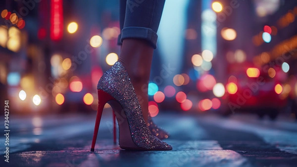 Fototapeta A woman in sparkly shoes walking on a sparkling street where city lights are reflected on the street