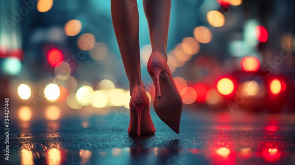 Fototapeta A woman in sparkly shoes walking on a sparkling street where city lights are reflected on the street