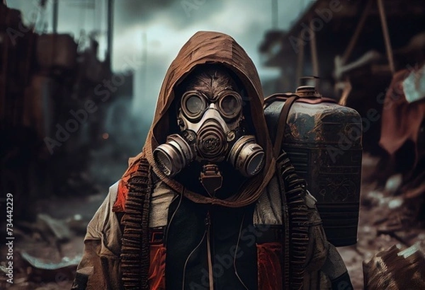 Obraz scène post apocalyptique avec un personnage de dos. Generative AI