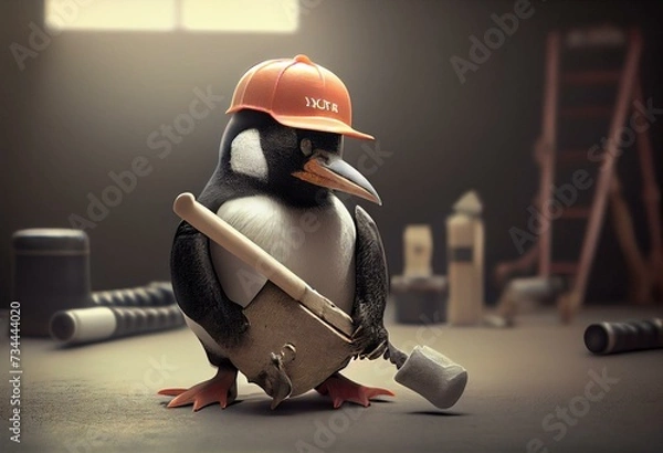 Fototapeta 3d Penguin in baseball cap with spanner. Generative AI