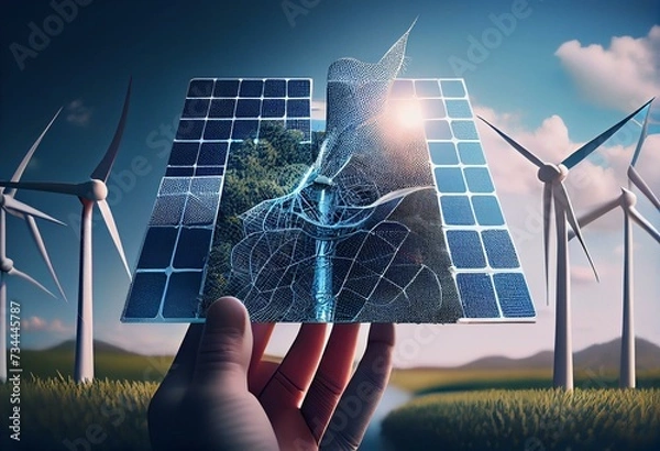 Fototapeta Blue Solar Cell Pattern Panel with Wind Turbine Windmill Balancing in Person Character Hands. 3d Rendering. Generative AI