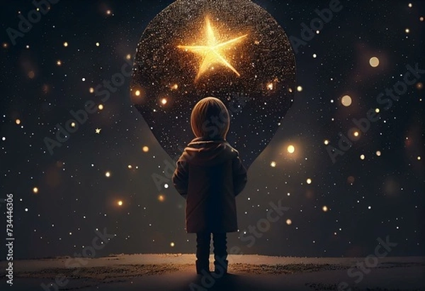 Fototapeta Illustration of child in front of New Year's Eve, large, decorated with shiny bright big star on top illuminating the dark background. Night landscape under the stars. Generative AI