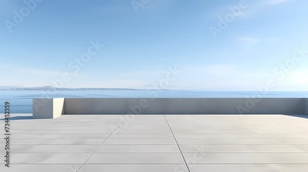 Fototapeta Empty concrete floor, 3D rendering sea view square with clear sky background