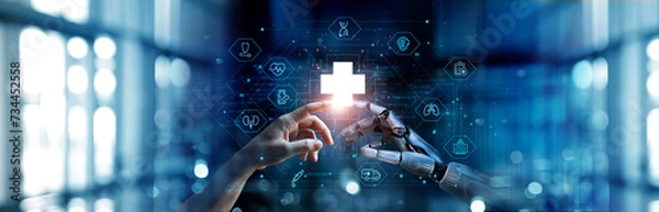 Obraz Medical AI, Ręce robota i ludzkie dotykanie połączenia sieci medycznych, robot AI do diagnozy zwiększający leczenie pacjentów w przyszłości. Technologia poprawy zdrowia pacjentów.