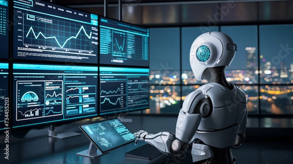 Fototapeta A sleek, futuristic trading room with an AI assistant analyzing data on multiple screens