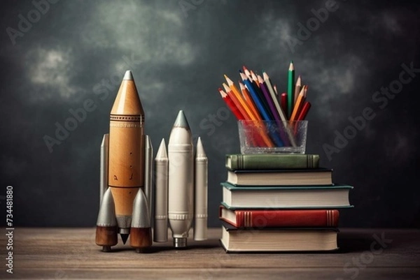 Fototapeta School supplies, rocket sketch, teacher's desk, writing materials, back to school background. Generative AI