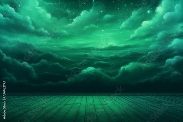 Fototapeta rough scenery with atmospheric lights. emerald sky backdrop with room for text. Generative AI