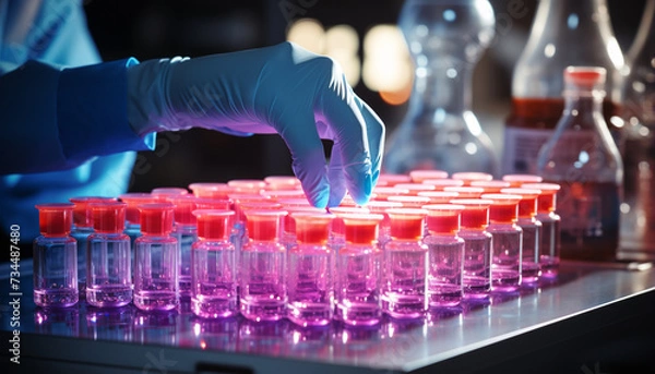 Fototapeta Scientist analyzing liquid in laboratory, conducting medical research and experiments generated by AI